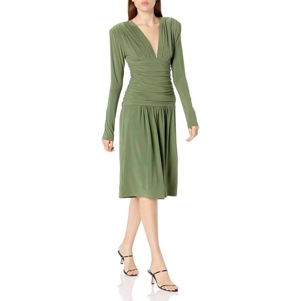 Norma Kamali Ruched Midi Dress Womens S Olive Green Long Sleeve V-Neck Stretch